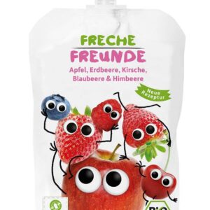 MUS JABŁKO -  TRUSKAWKA - JAGODA - MALINA BEZ DODATKU CUKRÓW BEZGLUTENOWY OD 6 MIESIĄCA BIO 100 g - FRECHE FREUNDE