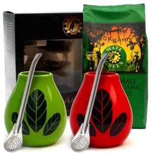 ZESTAW DLA DWOJGA YERBA MATE BIO 400 g, 2 x MATERO (LOSOWY WZÓR), 2 x BOMBILLA - ORGANIC MATE GREEN